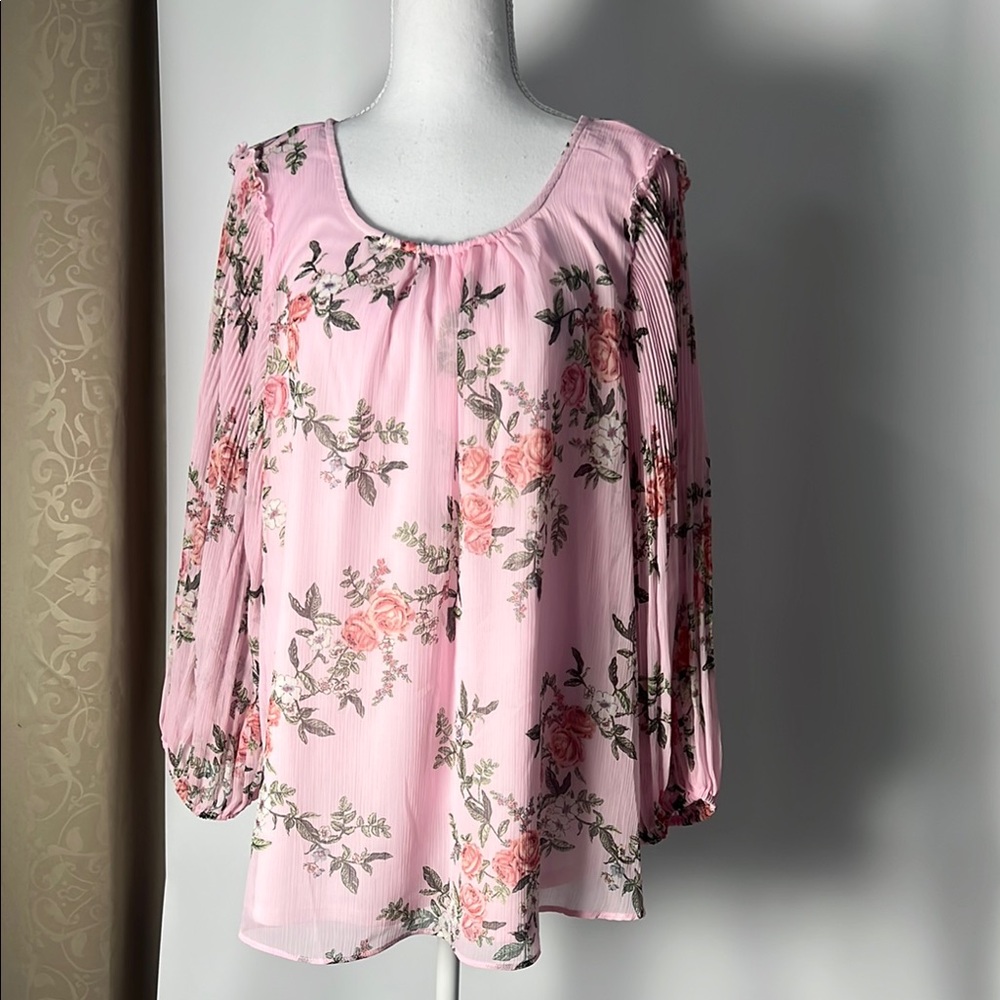 Beautiful Floral. Soft Pink Relaxed Long Sleeve Blouse with Pleated Neckline